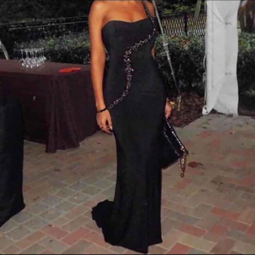 Black stretchy evening gown with beads and train